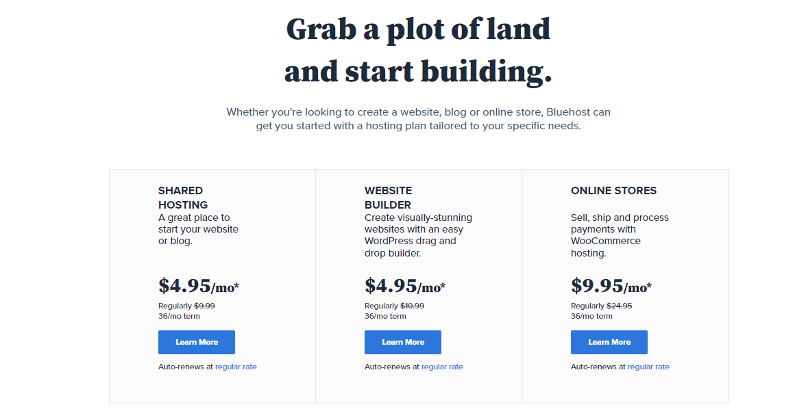 Bluehost web hosting pricing
