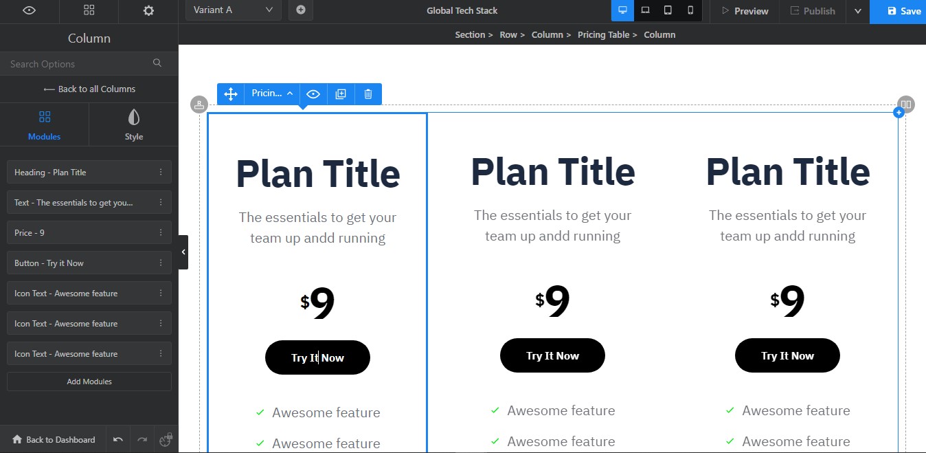 Swipe pages create pricing table.