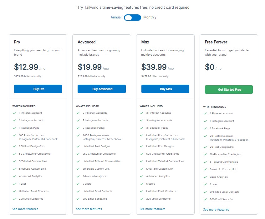 Tailwind free social media management tool pricing