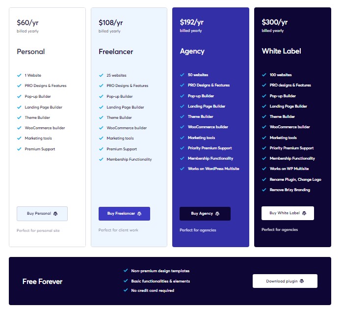 Brizy website builder pro plugin pricing