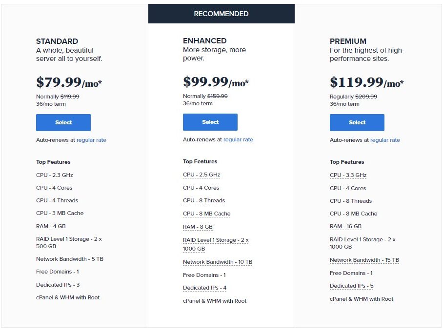 Bluehost dedicated server pricing