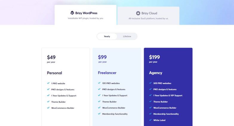 Brizy pricing wordpress