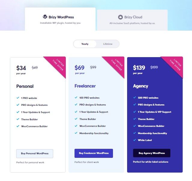 Brizy pro pricing plans
