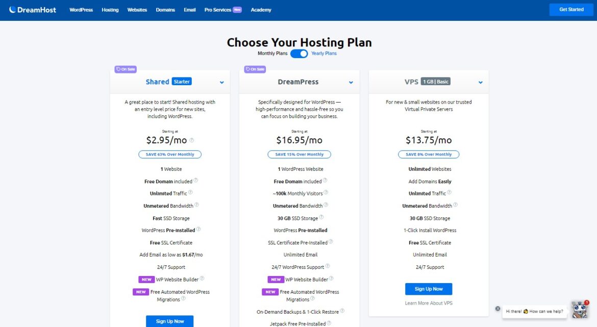 DreamHost web hosting plans overview