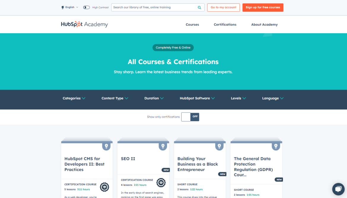 Hubspot Academy courses and certifications