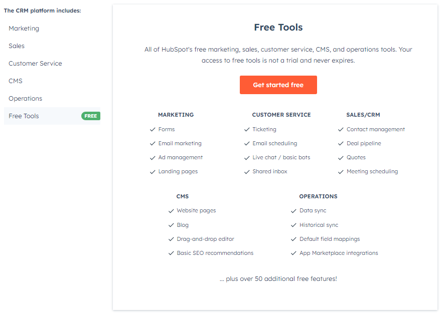 Hubspot CRM's free sales marketing service and operations features