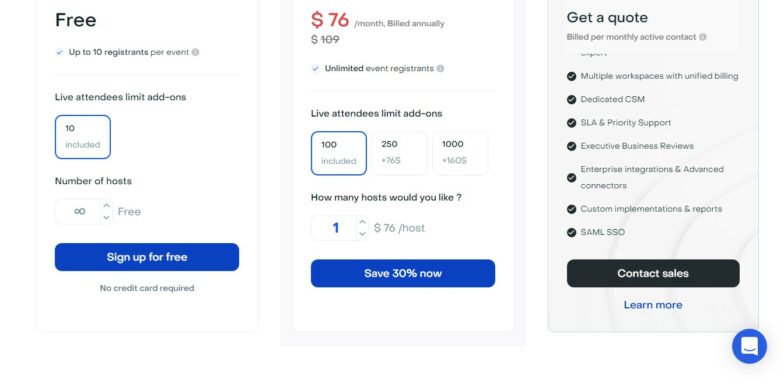 Livestorm plans and pricing page