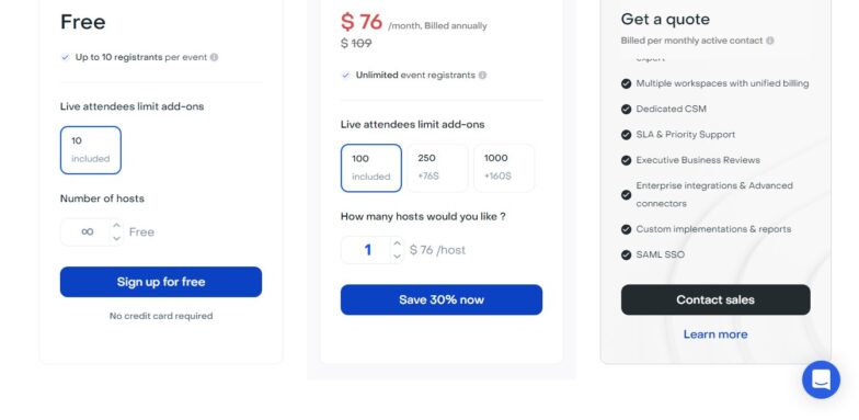 Livestorm plans and pricing page