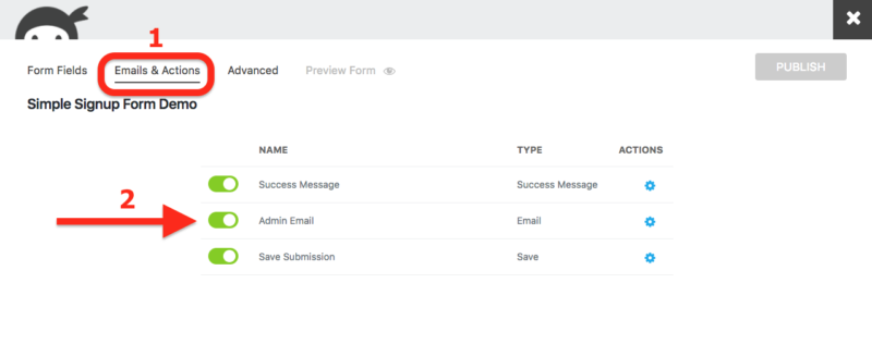 Ninja forms emails and actions