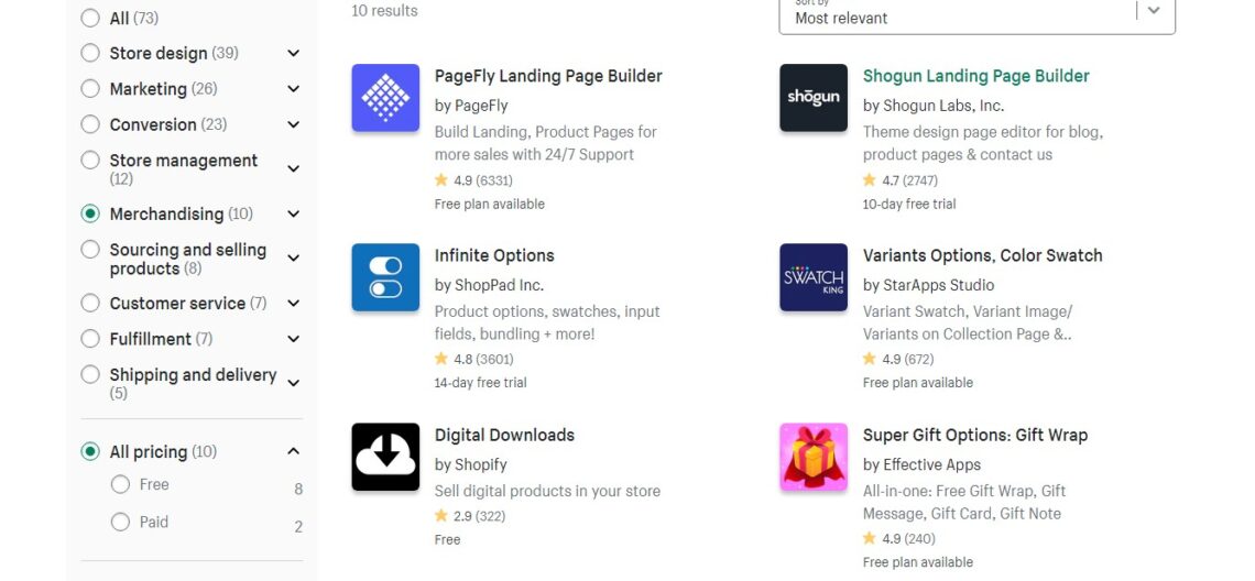 Shopify app store more apps in merchandizing