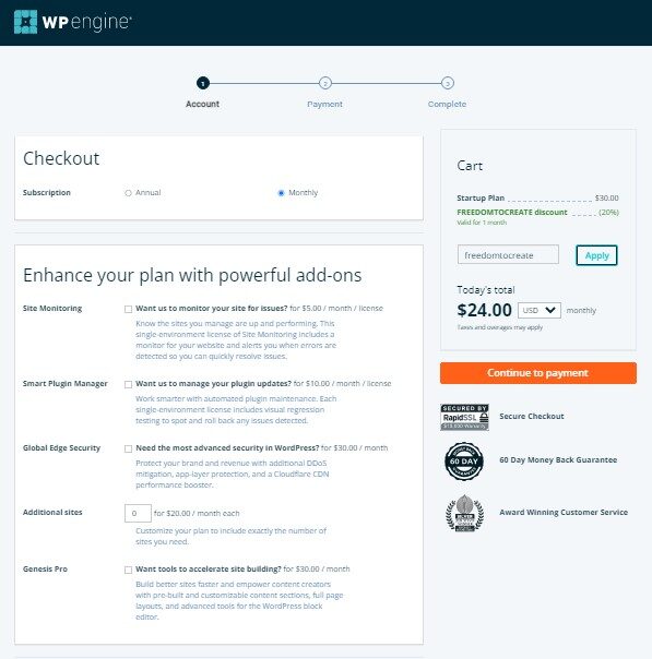 Sign up for WP Engine plan