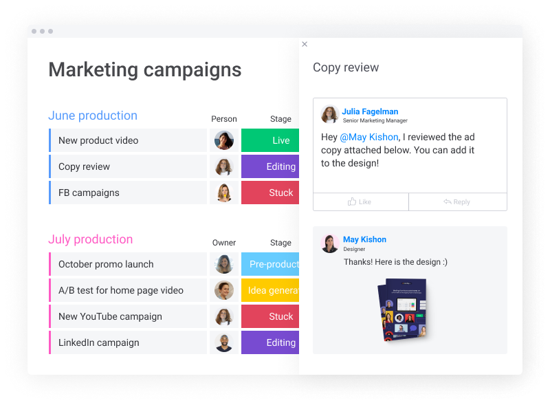 Marketign campaing updates feature from monday.com