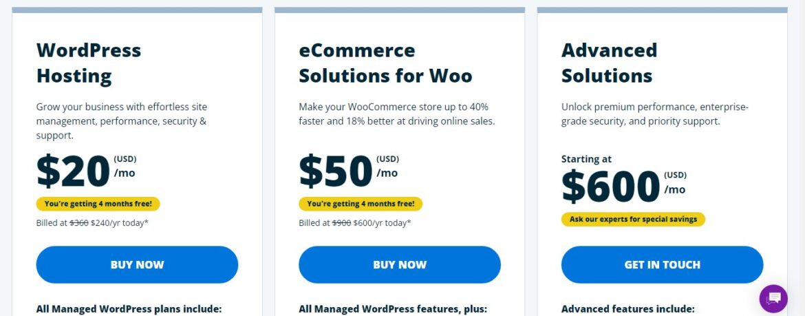 WP Engine Managed wordpress solutions pricing